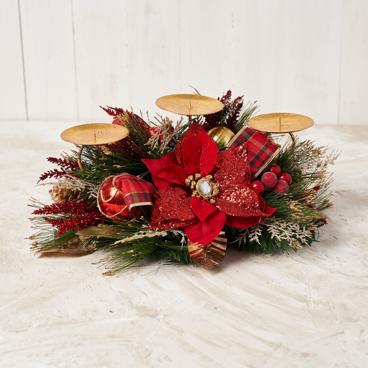 Red Poinsettia Triple Candle Holder - Handcrafted Christmas Decorations - Holiday Tree